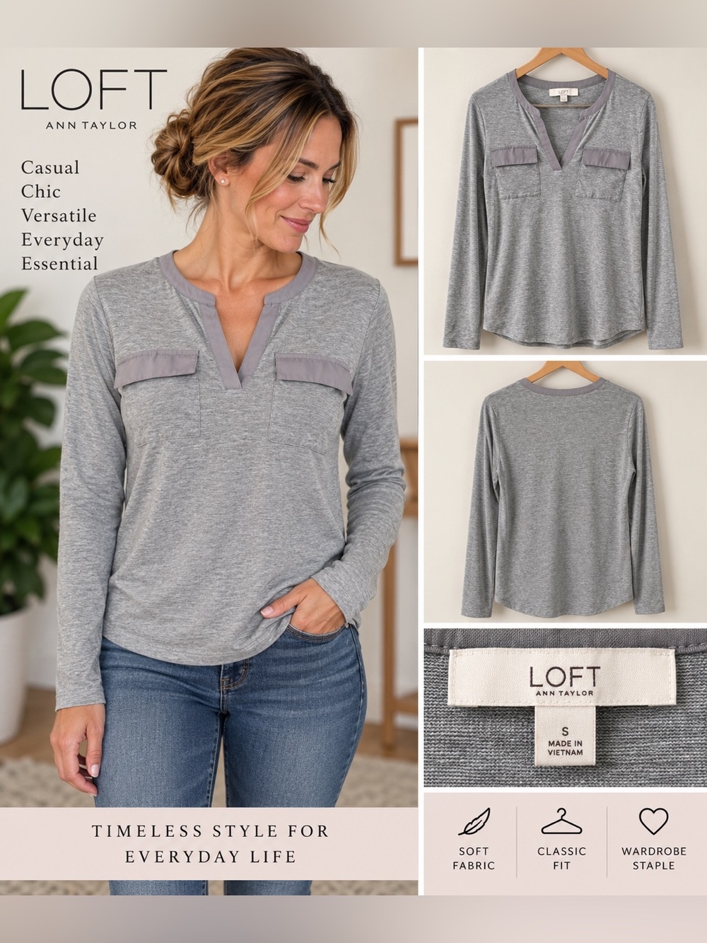 Ann Taylor LOFT Gray Long-Sleeve Split-Neck Top with Chest Flaps